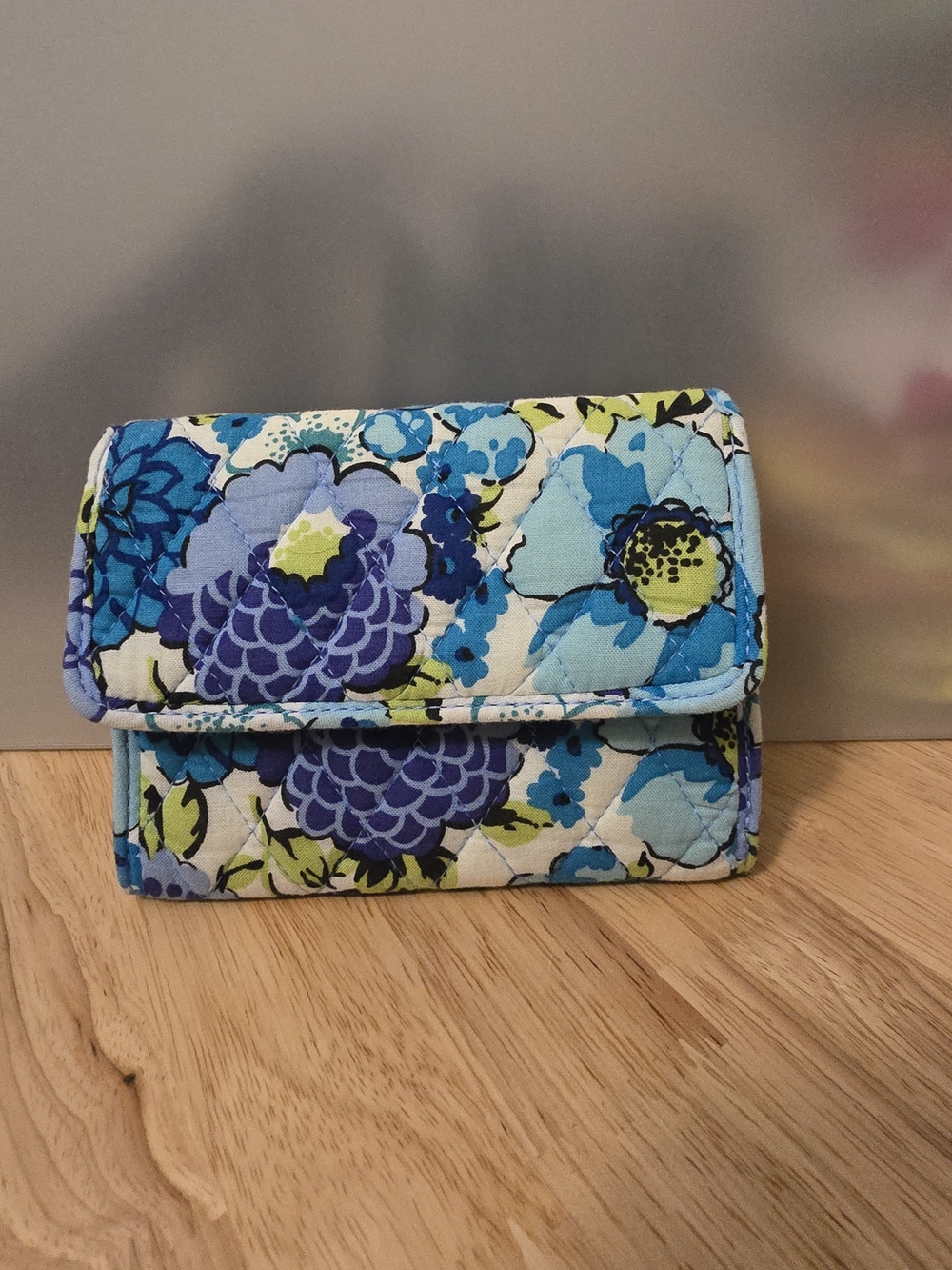 Vera Bradley Blue Floral Quilted Wallet with Lime Accents